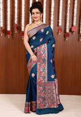 Peacock Blue with Minakari Border Katan Pure Silk Saree With Blouse Piece - Adi Akshoy & Co.