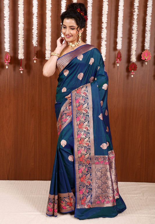 Peacock Blue with Minakari Border Katan Pure Silk Saree With Blouse Piece - Adi Akshoy & Co.