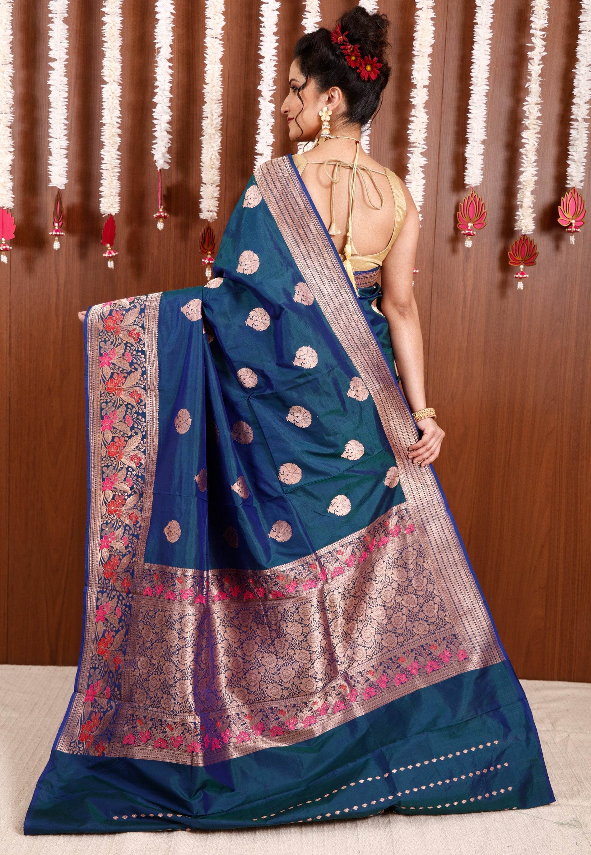 Peacock Blue with Minakari Border Katan Pure Silk Saree With Blouse Piece - Adi Akshoy & Co.