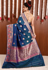 Peacock Blue with Minakari Border Katan Pure Silk Saree With Blouse Piece - Adi Akshoy & Co.