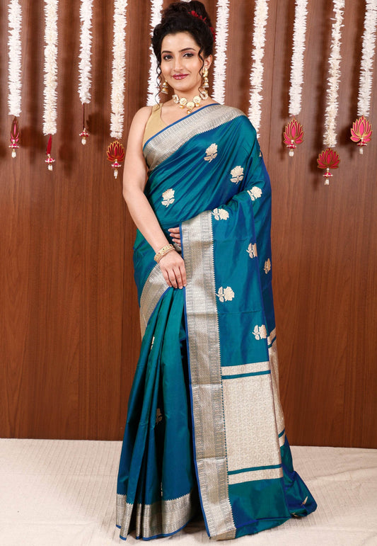 Peacock Blue Katan Pure Silk Saree With Blouse Piece - Adi Akshoy & Co.