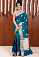 Peacock Blue Katan Pure Silk Saree With Blouse Piece - Adi Akshoy & Co.