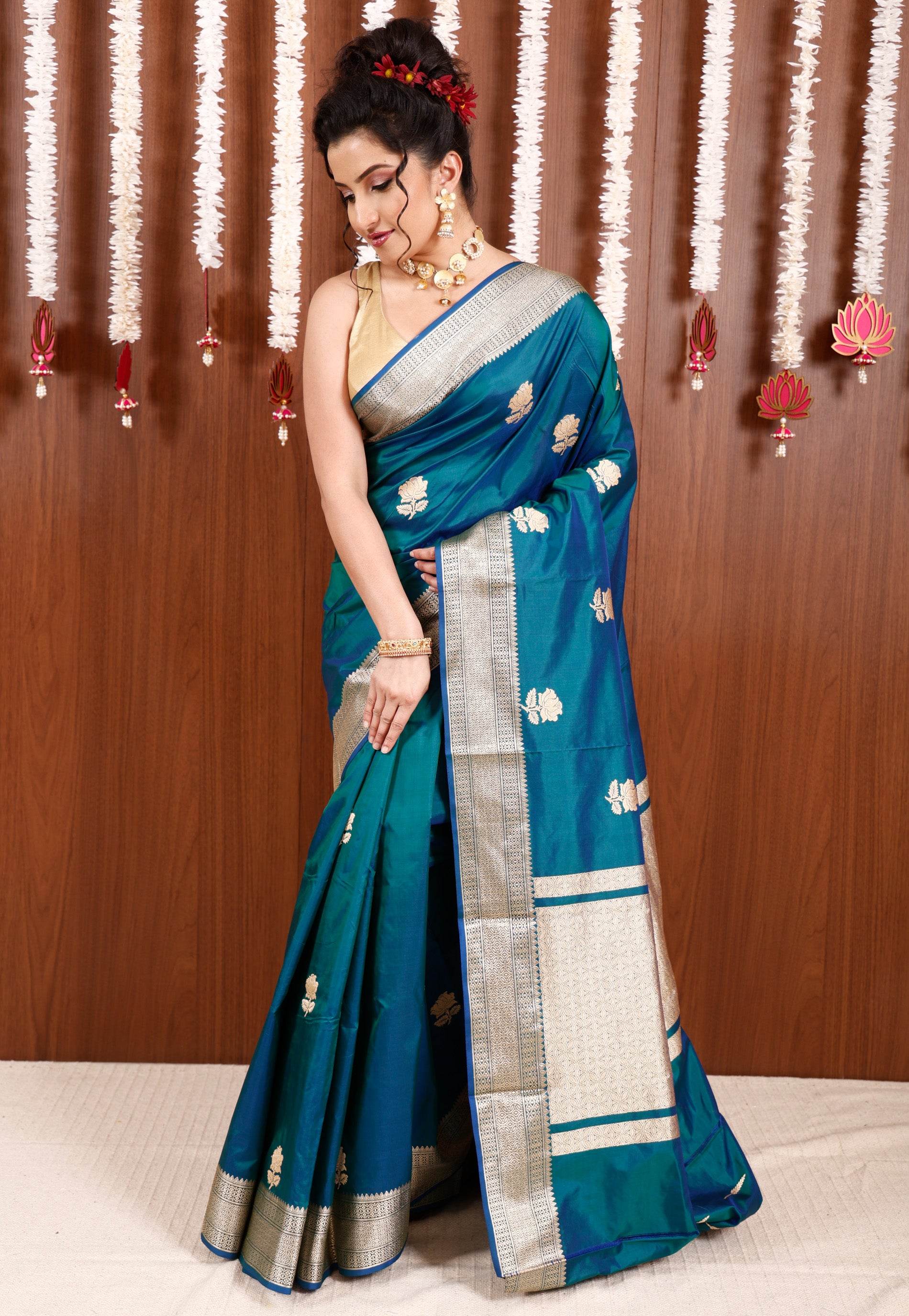 Peacock Blue Katan Pure Silk Saree With Blouse Piece - Adi Akshoy & Co.