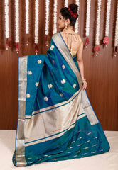 Peacock Blue Katan Pure Silk Saree With Blouse Piece - Adi Akshoy & Co.