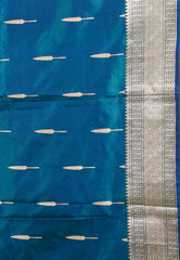 Peacock Blue Katan Pure Silk Saree With Blouse Piece - Adi Akshoy & Co.
