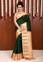 Bottle Green Gadwal Saree With Blouse Piece - Adi Akshoy & Co.