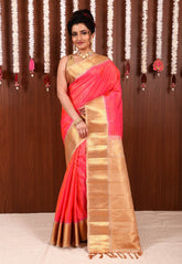Cross Pink with Beige Border Pure Silk Gadwal Saree With Blouse Piece - Adi Akshoy & Co.