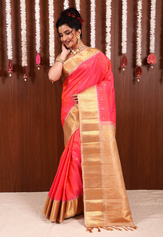 Cross Pink with Beige Border Pure Silk Gadwal Saree With Blouse Piece - Adi Akshoy & Co.