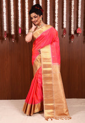 Cross Pink with Beige Border Pure Silk Gadwal Saree With Blouse Piece - Adi Akshoy & Co.