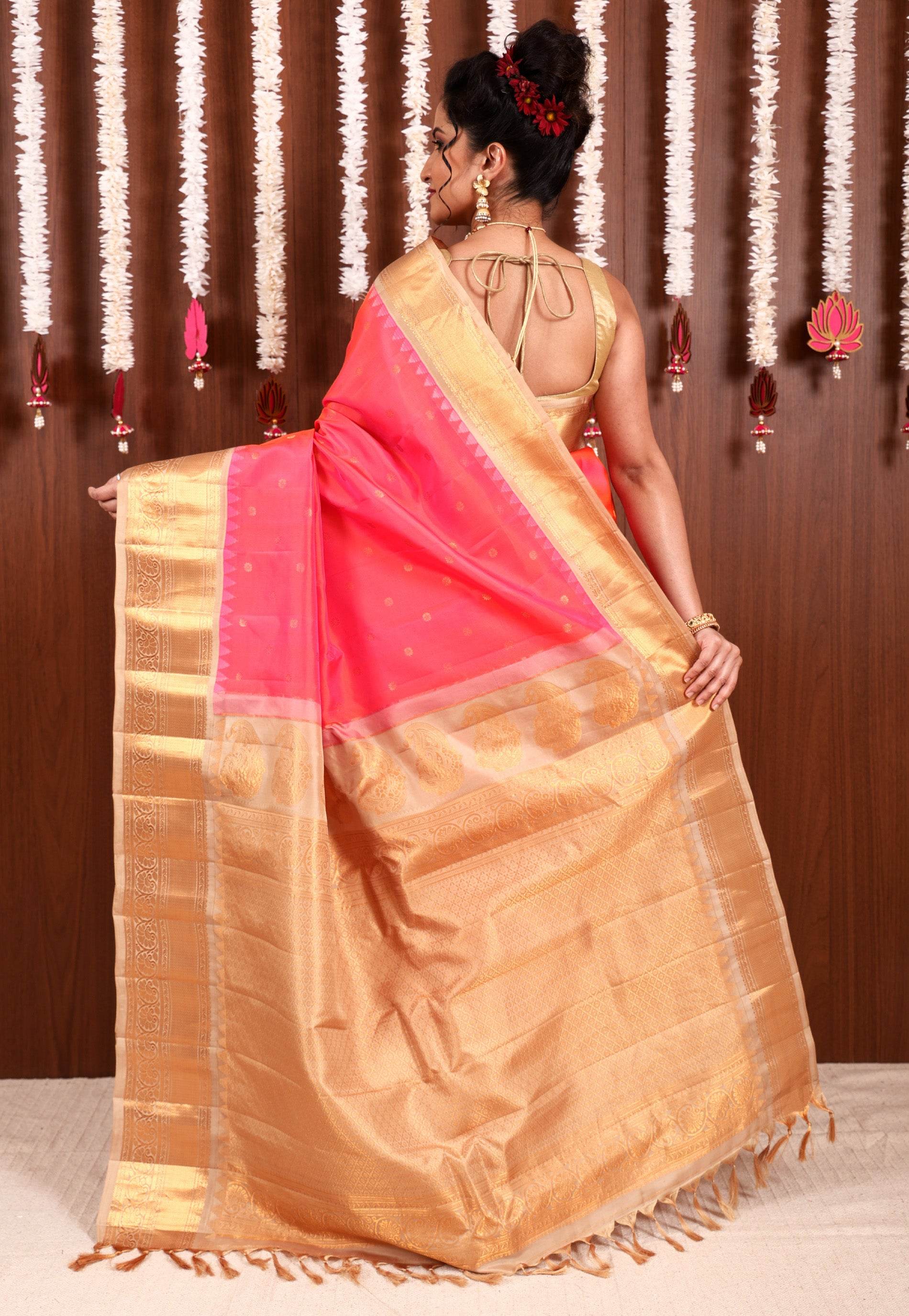 Cross Pink with Beige Border Pure Silk Gadwal Saree With Blouse Piece - Adi Akshoy & Co.