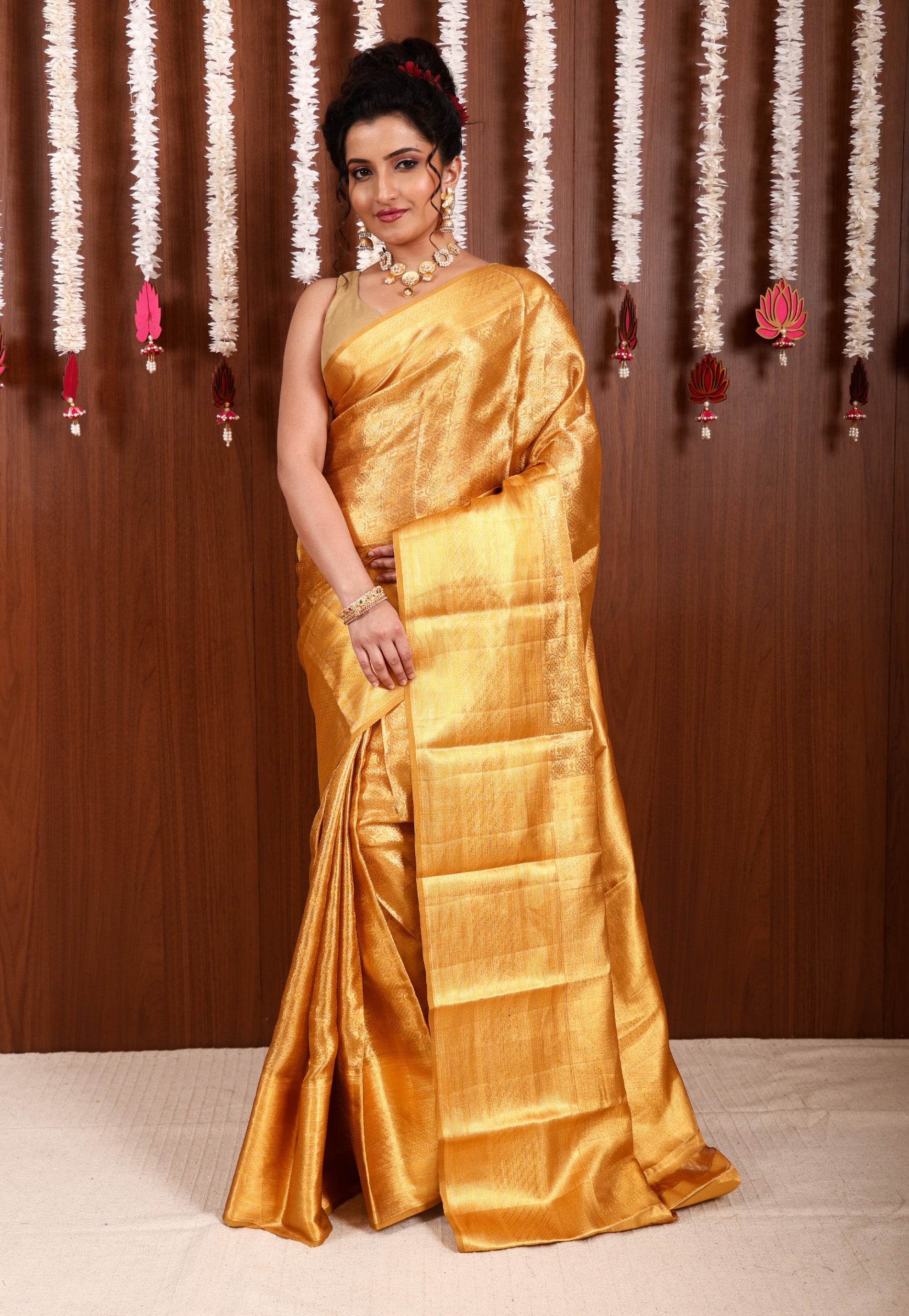 Golden Brocade Tissue Kanjivaram Pure Silk Saree With Blouse Piece - Adi Akshoy & Co.