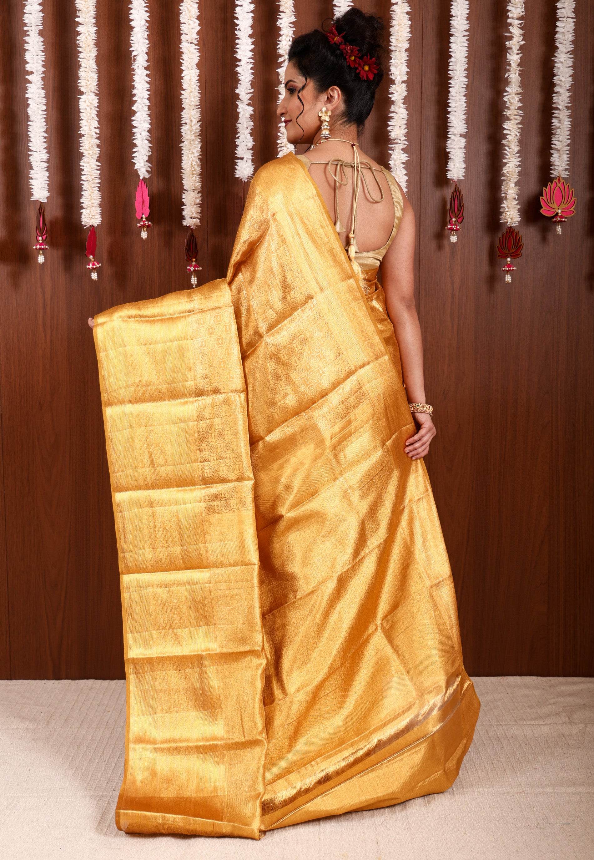 Golden Brocade Tissue Kanjivaram Pure Silk Saree With Blouse Piece - Adi Akshoy & Co.