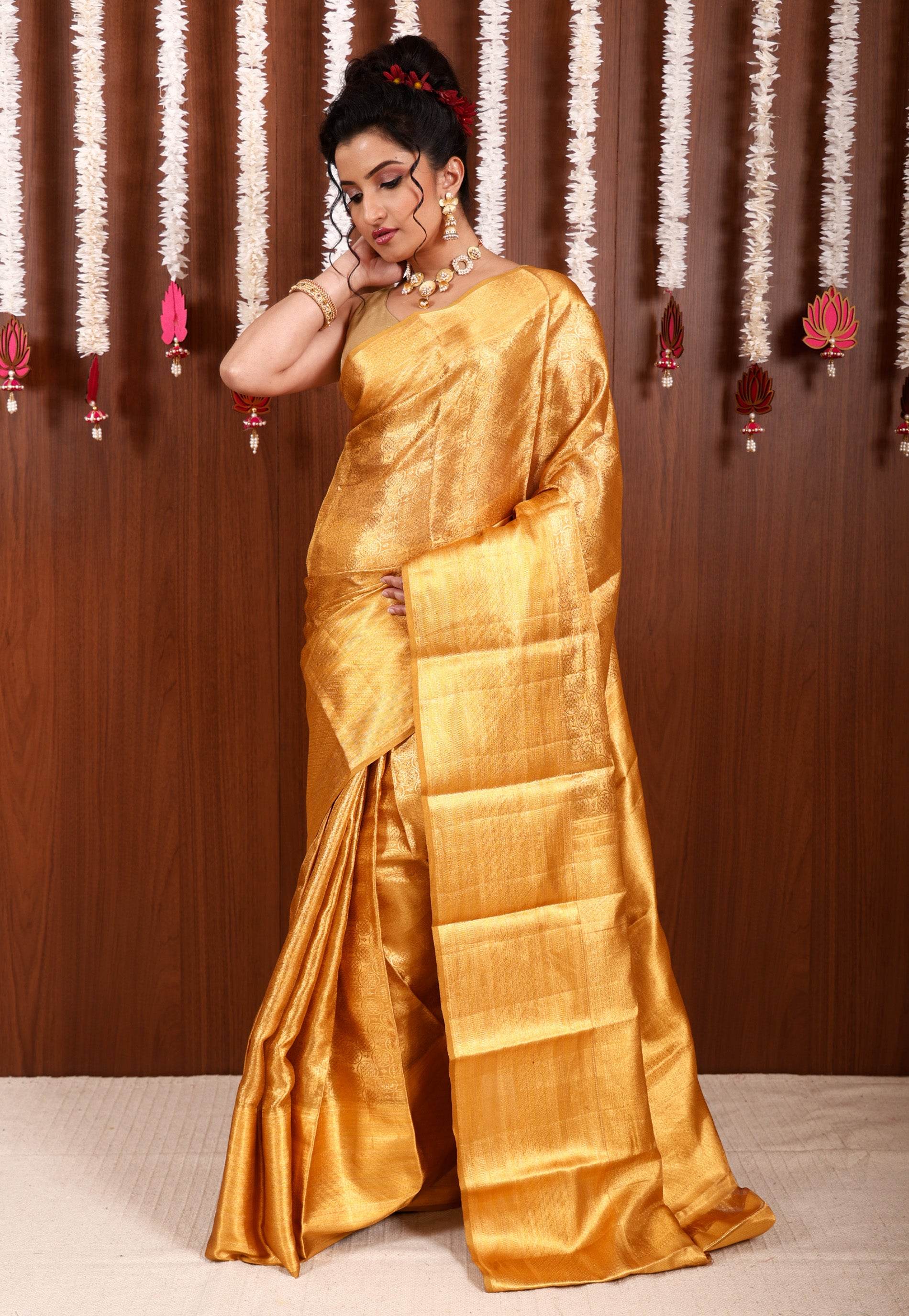 Golden Brocade Tissue Kanjivaram Pure Silk Saree With Blouse Piece - Adi Akshoy & Co.