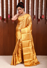 Golden Brocade Tissue Kanjivaram Pure Silk Saree With Blouse Piece - Adi Akshoy & Co.