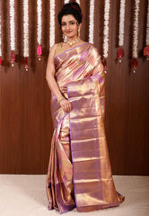 Golden Mauve Geometrical Brocade Tissue Kanjivaram Pure Silk Saree With Blouse Piece - Adi Akshoy & Co.