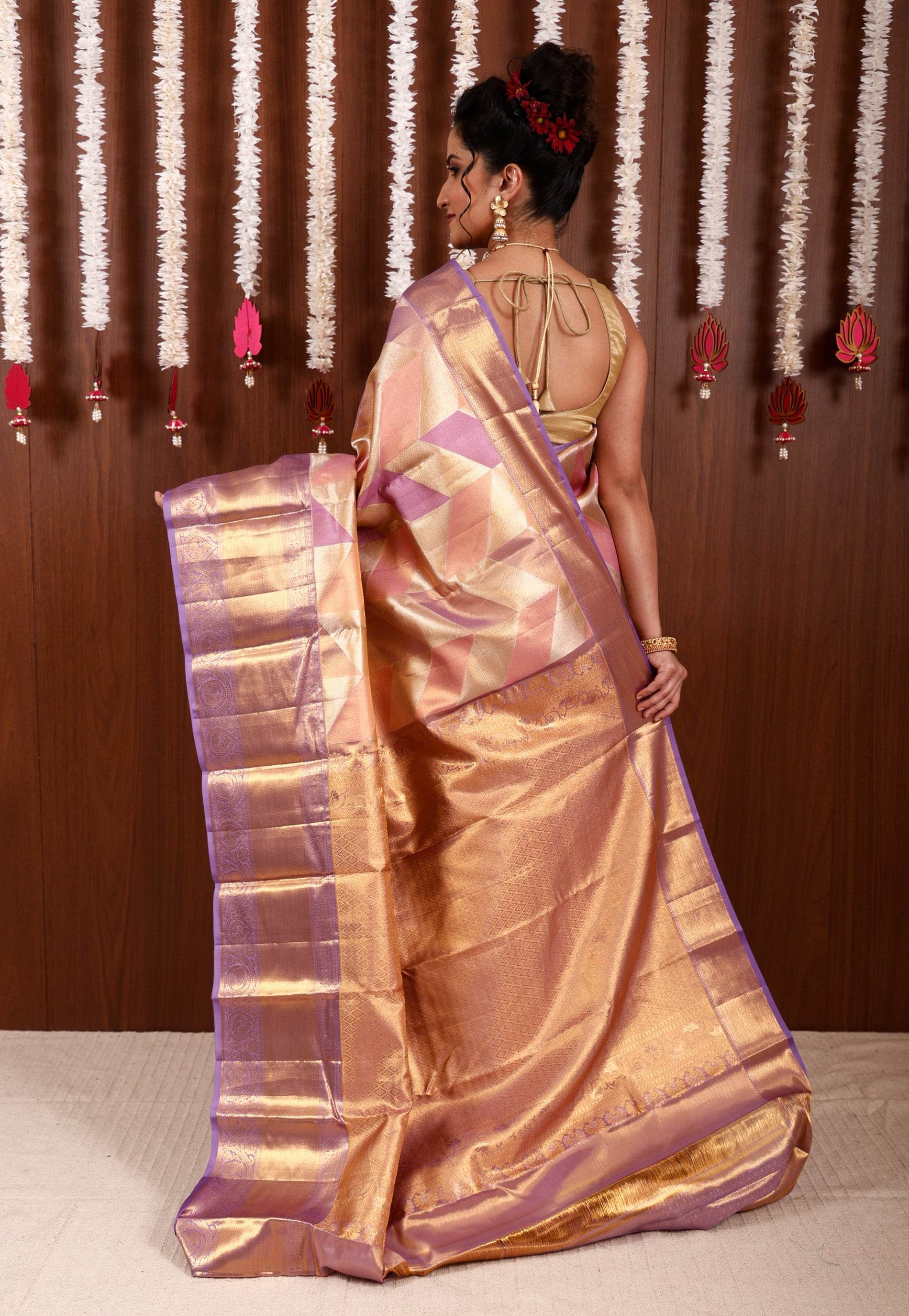Golden Mauve Geometrical Brocade Tissue Kanjivaram Pure Silk Saree With Blouse Piece - Adi Akshoy & Co.