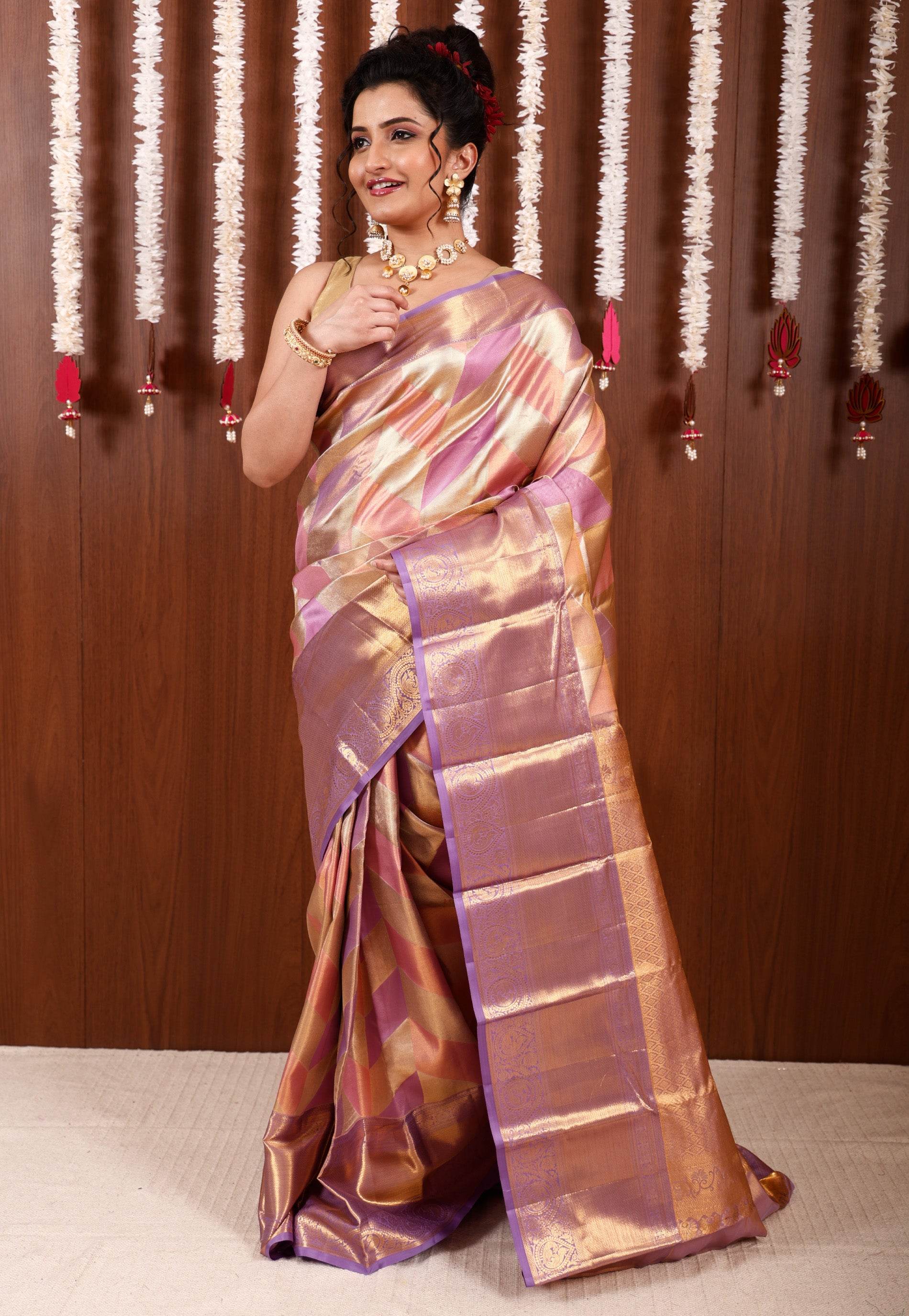 Golden Mauve Geometrical Brocade Tissue Kanjivaram Pure Silk Saree With Blouse Piece - Adi Akshoy & Co.