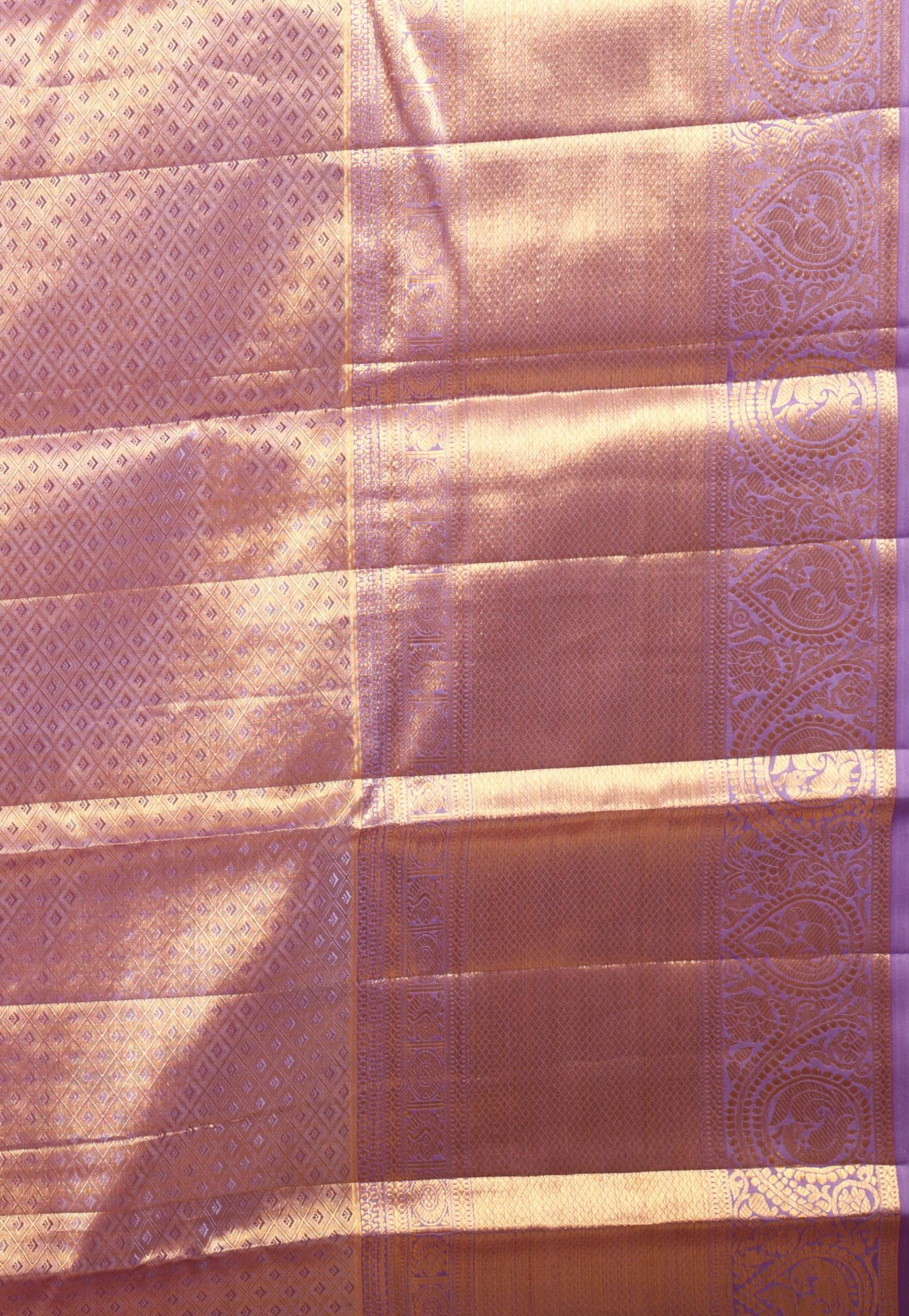 Golden Mauve Geometrical Brocade Tissue Kanjivaram Pure Silk Saree With Blouse Piece - Adi Akshoy & Co.