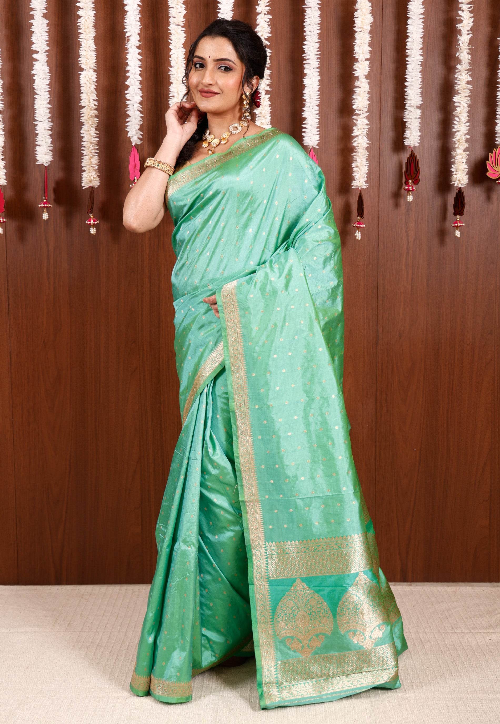 Sea Green Katan Pure Silk Saree With Blouse Piece - Adi Akshoy & Co.