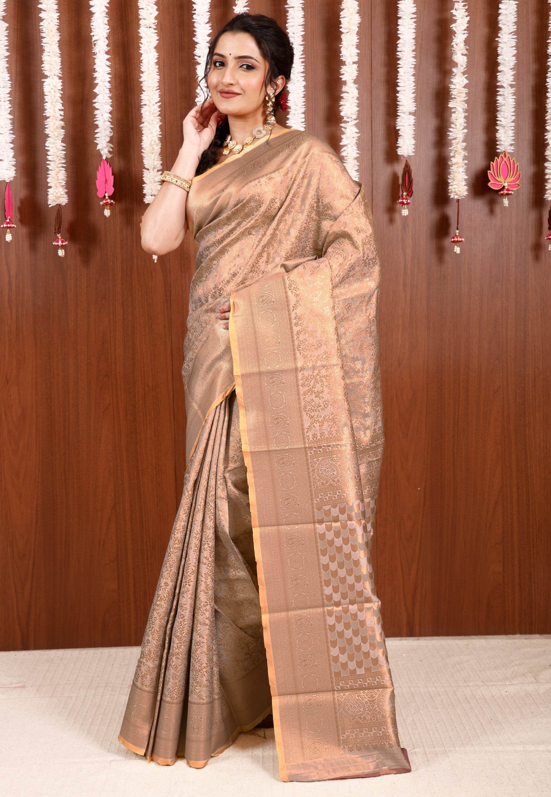 Beige Brocade Tissue Kanjivaram Silk Saree With Blouse Piece - Adi Akshoy & Co.