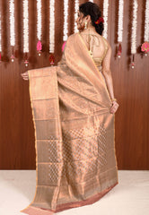 Beige Brocade Tissue Kanjivaram Silk Saree With Blouse Piece - Adi Akshoy & Co.