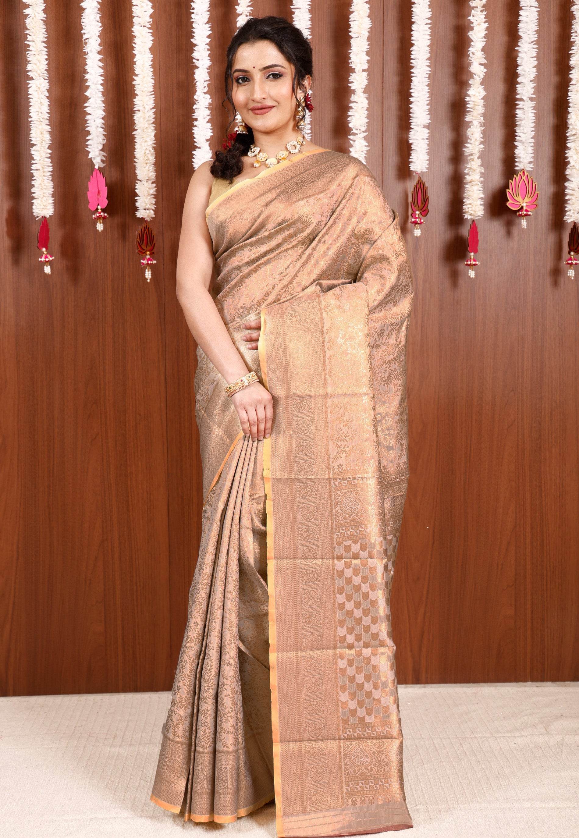Beige Brocade Tissue Kanjivaram Silk Saree With Blouse Piece - Adi Akshoy & Co.