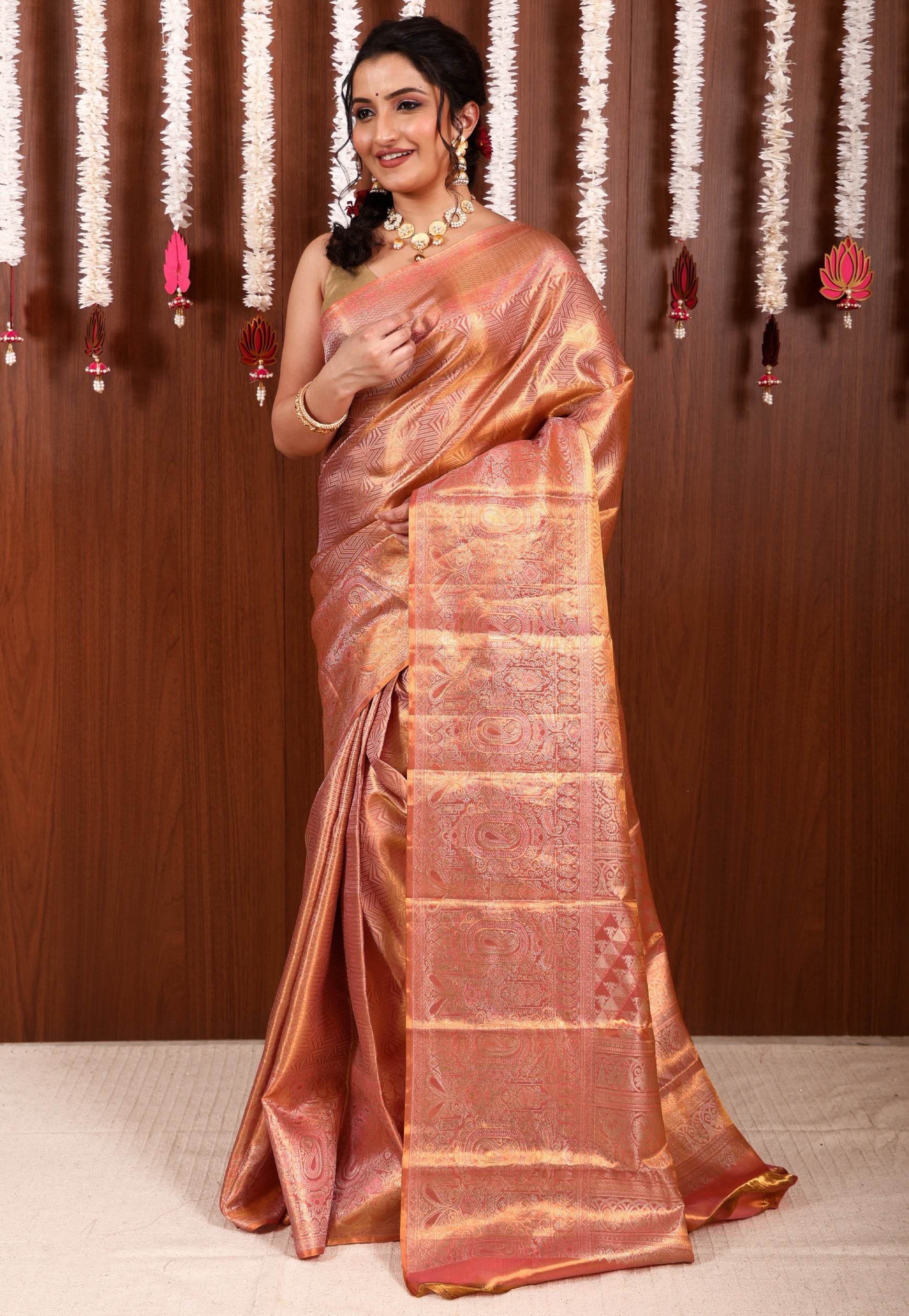 Peach Brocade Tissue Kanjivaram Pure Silk Saree With Blouse Piece - Adi Akshoy & Co.