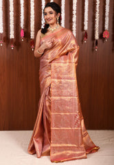 Peach Brocade Tissue Kanjivaram Pure Silk Saree With Blouse Piece - Adi Akshoy & Co.