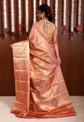 Peach Brocade Tissue Kanjivaram Pure Silk Saree With Blouse Piece - Adi Akshoy & Co.