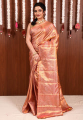 Peach Brocade Tissue Kanjivaram Pure Silk Saree With Blouse Piece - Adi Akshoy & Co.