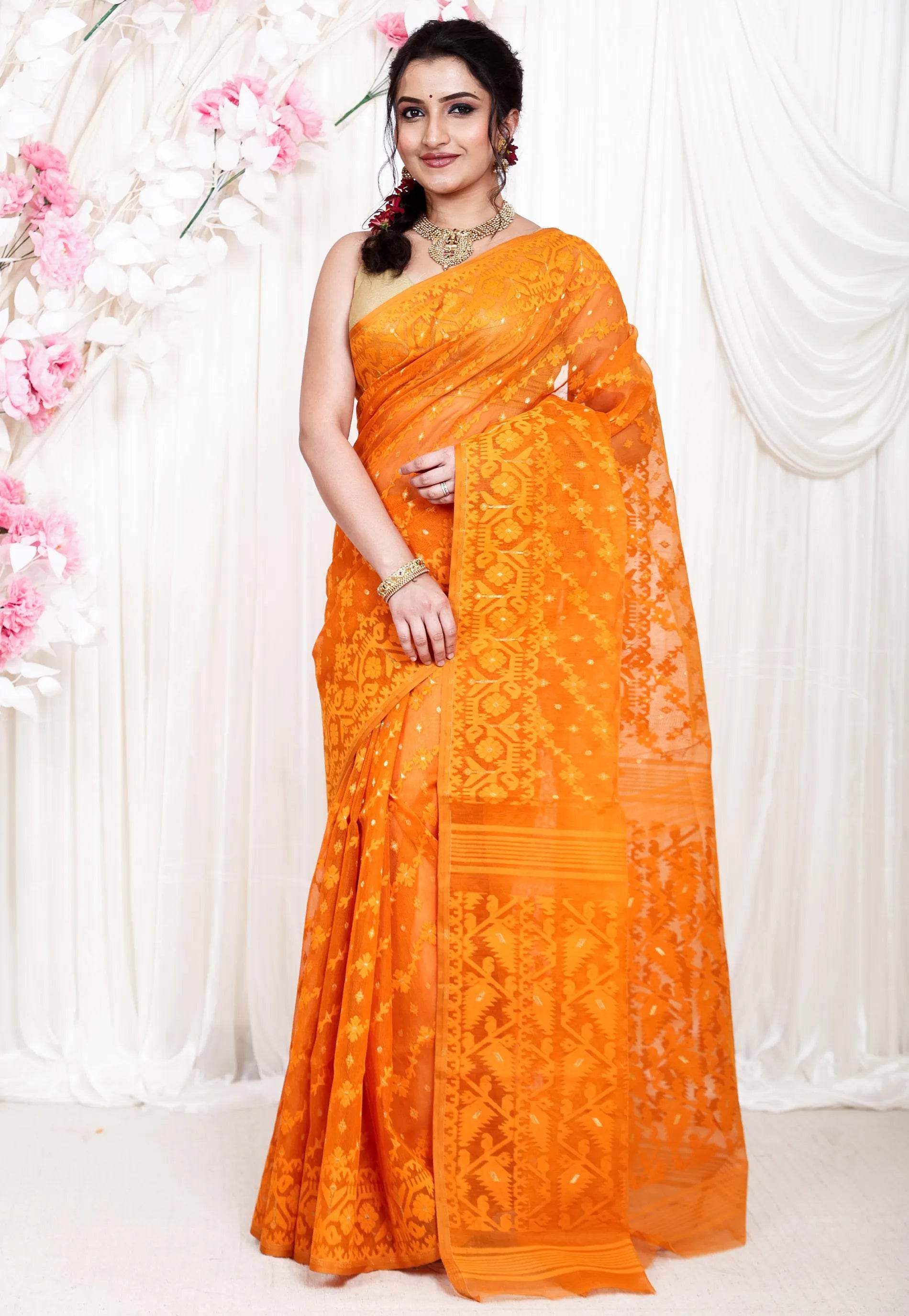 Mustard Dhakai Jamdani Cotton Saree without Blouse Piece - Adi Akshoy & Co.