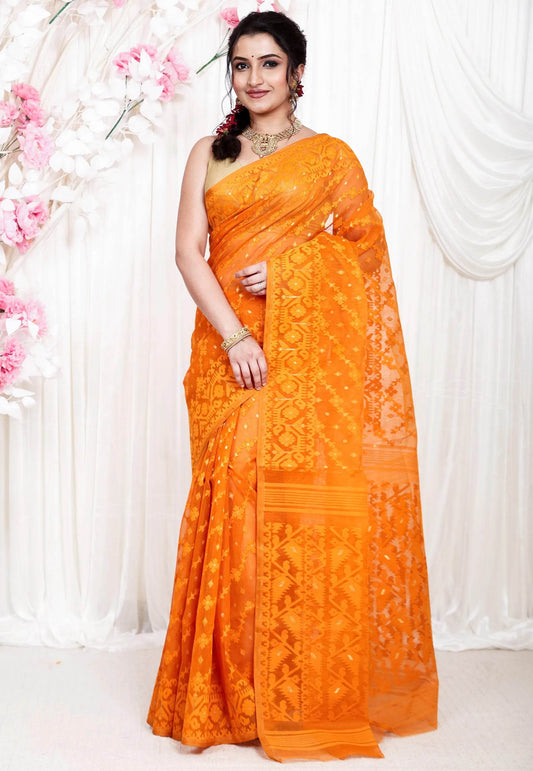 Mustard Dhakai Jamdani Cotton Saree without Blouse Piece - Adi Akshoy & Co.