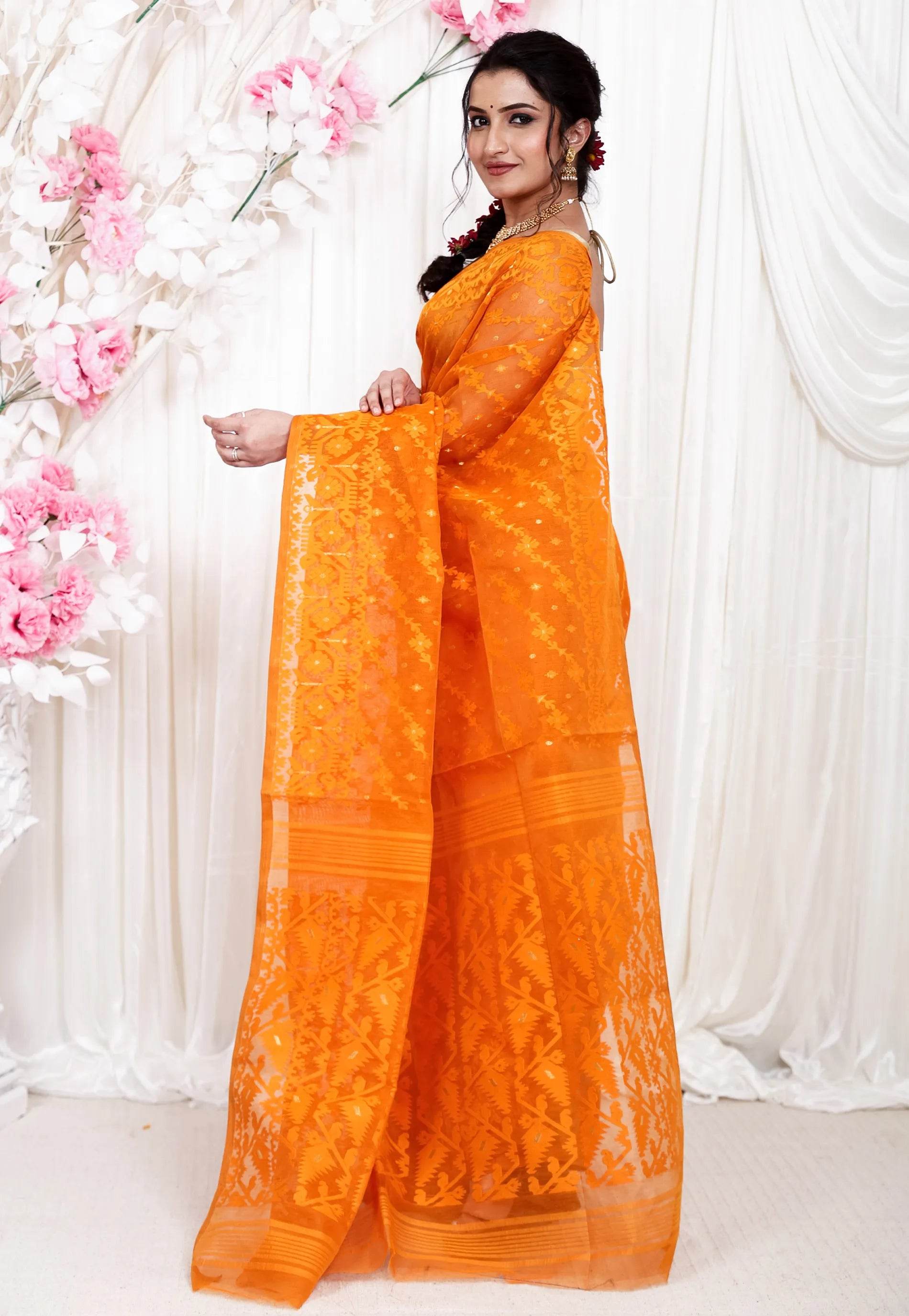 Mustard Dhakai Jamdani Cotton Saree without Blouse Piece - Adi Akshoy & Co.