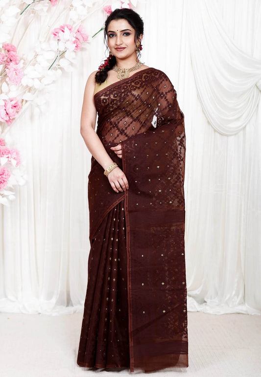 Brown Dhakai Jamdani Cotton Saree without Blouse Piece - Adi Akshoy & Co.