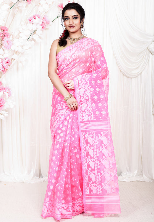 Baby Pink Dhakai Jamdani Cotton Saree without Blouse Piece - Adi Akshoy & Co.