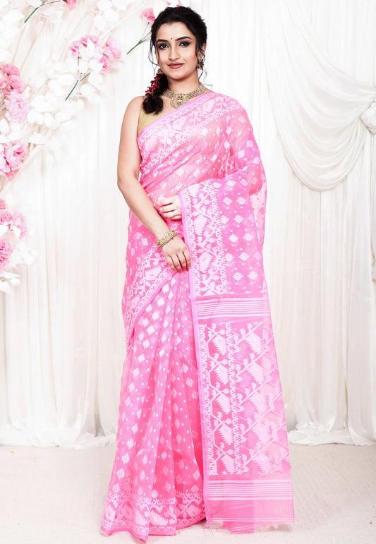 Baby Pink Dhakai Jamdani Cotton Saree without Blouse Piece - Adi Akshoy & Co.