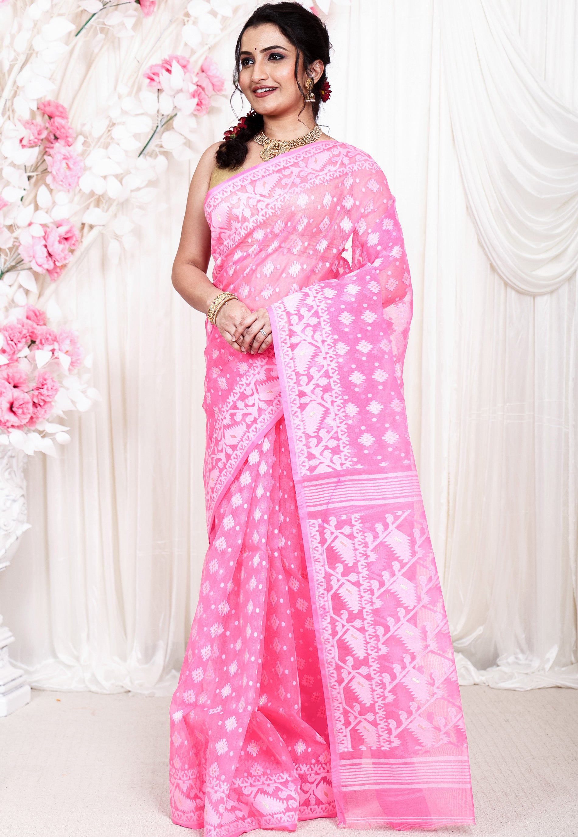 Baby Pink Dhakai Jamdani Cotton Saree without Blouse Piece - Adi Akshoy & Co.