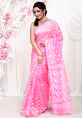 Baby Pink Dhakai Jamdani Cotton Saree without Blouse Piece - Adi Akshoy & Co.