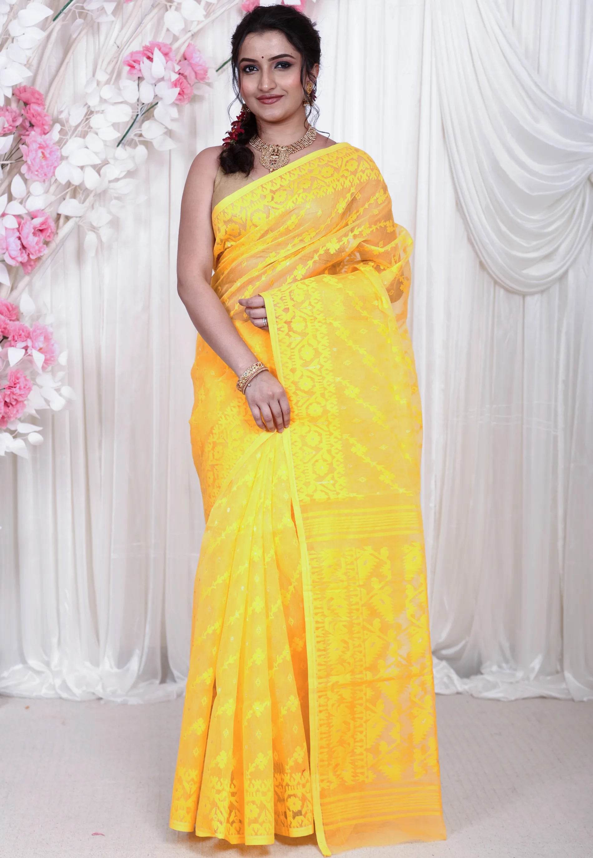 Yellow Dhakai Jamdani Cotton Saree without Blouse Piece - Adi Akshoy & Co.