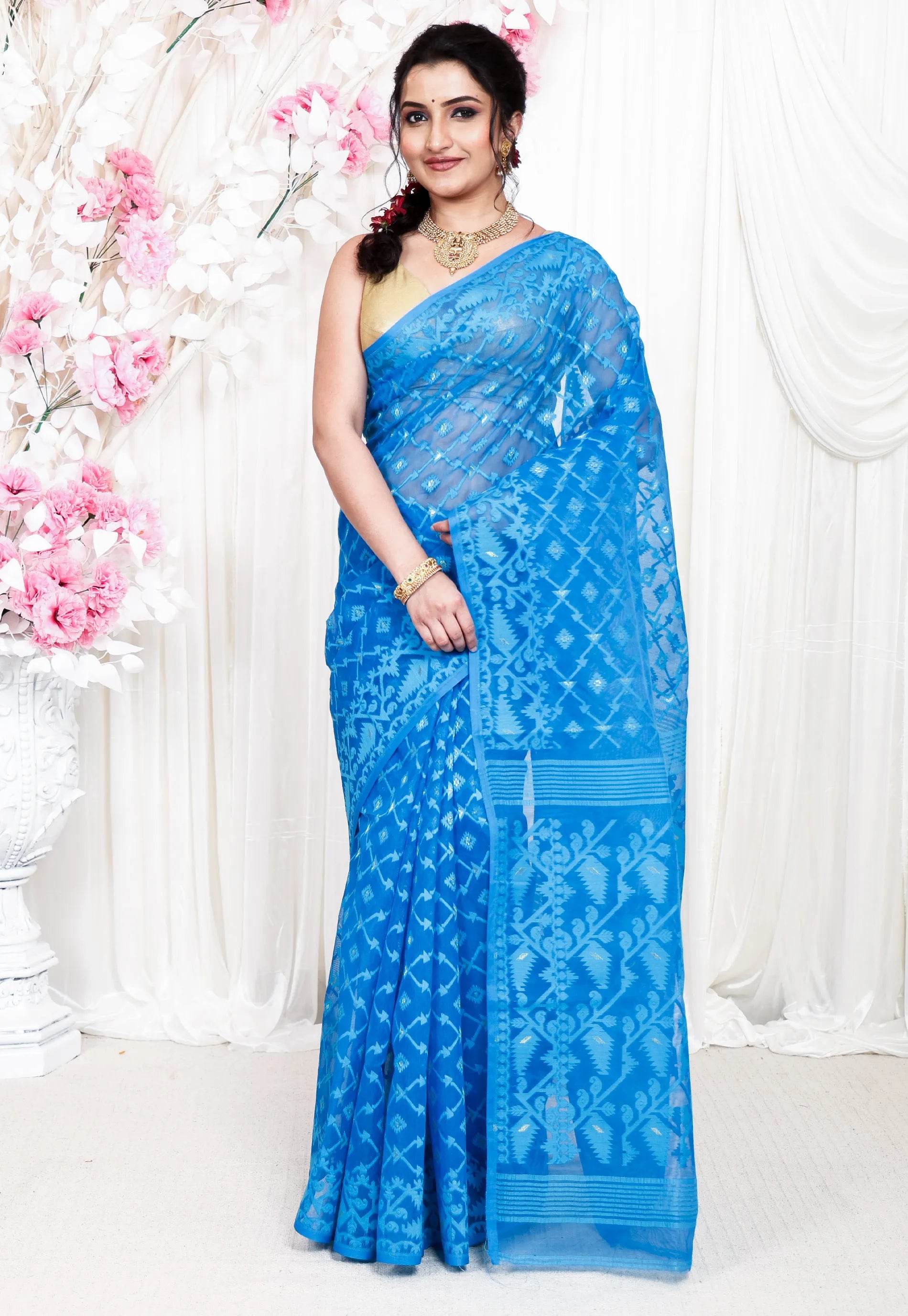 Feroza Blue Dhakai Jamdani Cotton Saree without Blouse Piece - Adi Akshoy & Co.