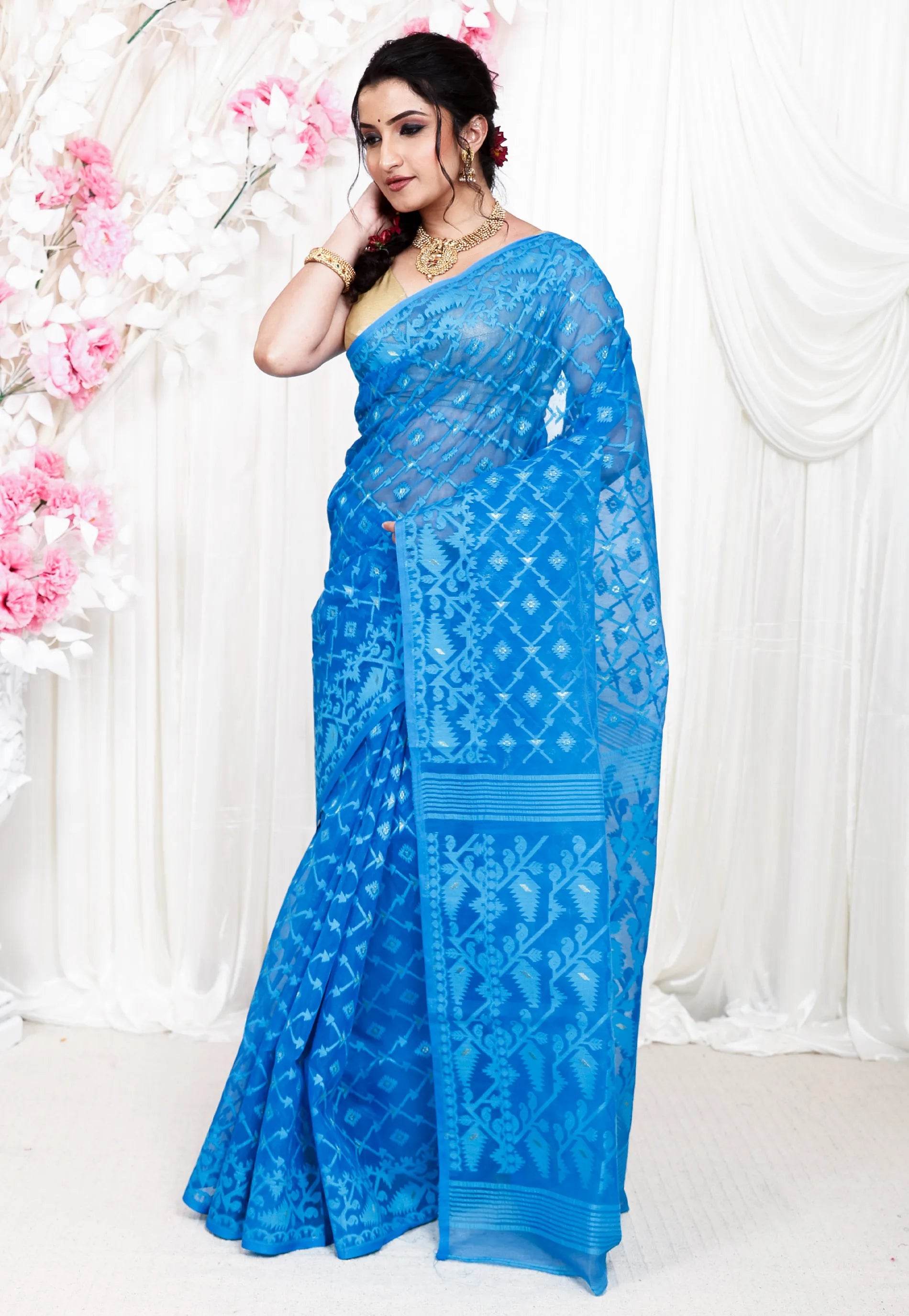 Feroza Blue Dhakai Jamdani Cotton Saree without Blouse Piece - Adi Akshoy & Co.