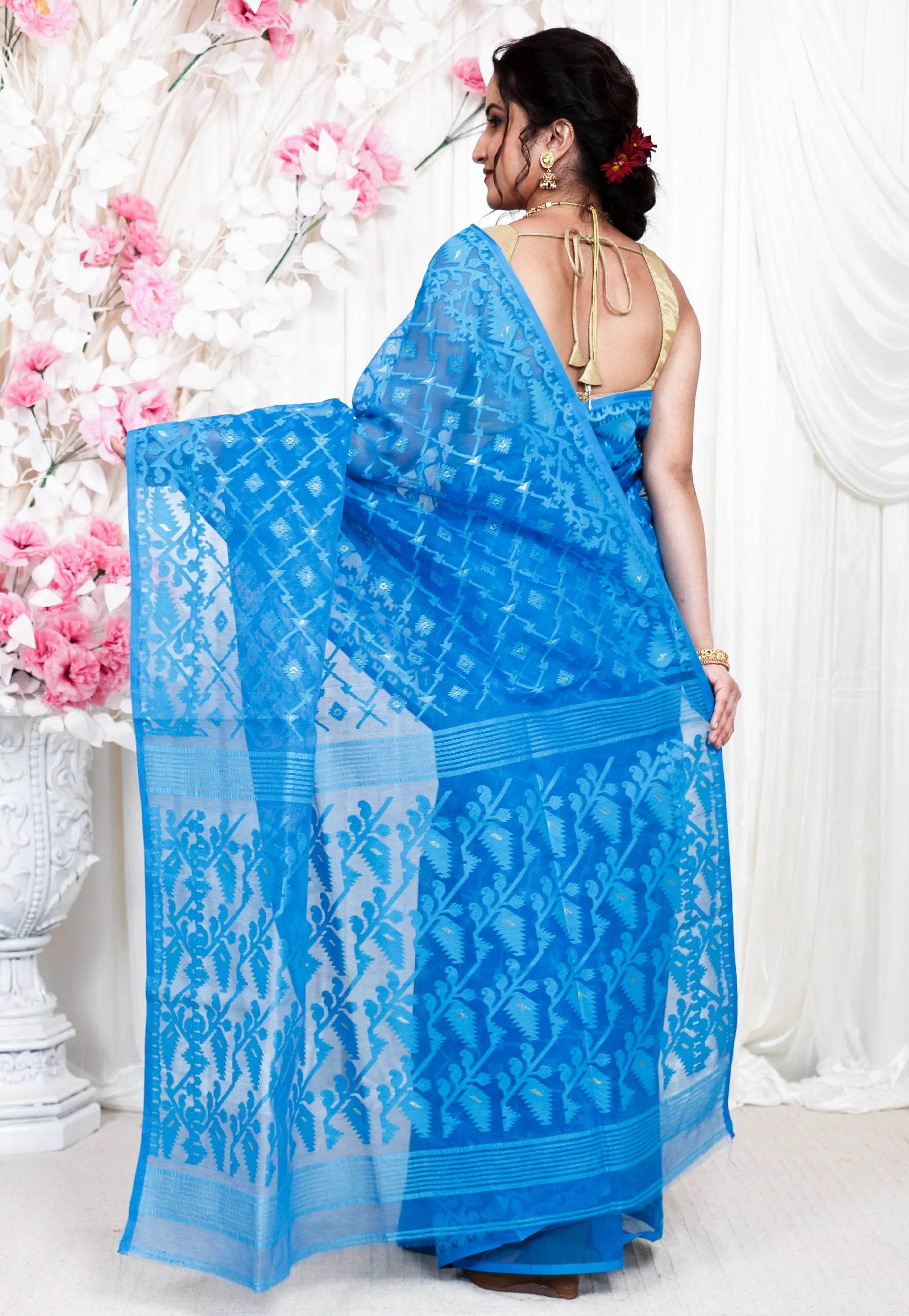Feroza Blue Dhakai Jamdani Cotton Saree without Blouse Piece - Adi Akshoy & Co.