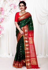 Bottle Green with Red Border Gadwal Pure Silk Saree With Blouse Piece - Adi Akshoy & Co.