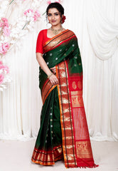 Bottle Green with Red Border Gadwal Pure Silk Saree With Blouse Piece - Adi Akshoy & Co.