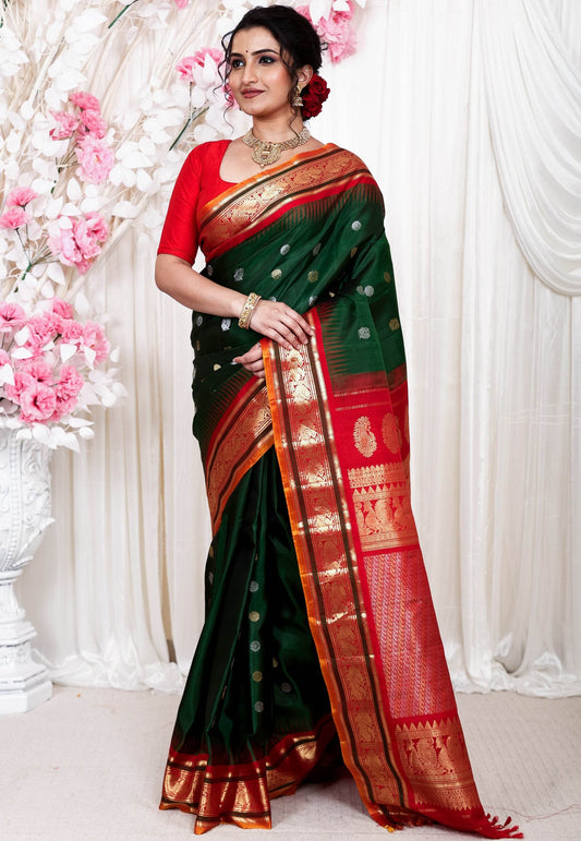 Bottle Green with Red Border Gadwal Pure Silk Saree With Blouse Piece - Adi Akshoy & Co.