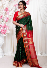Bottle Green with Red Border Gadwal Pure Silk Saree With Blouse Piece - Adi Akshoy & Co.