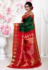 Bottle Green with Red Border Gadwal Pure Silk Saree With Blouse Piece - Adi Akshoy & Co.
