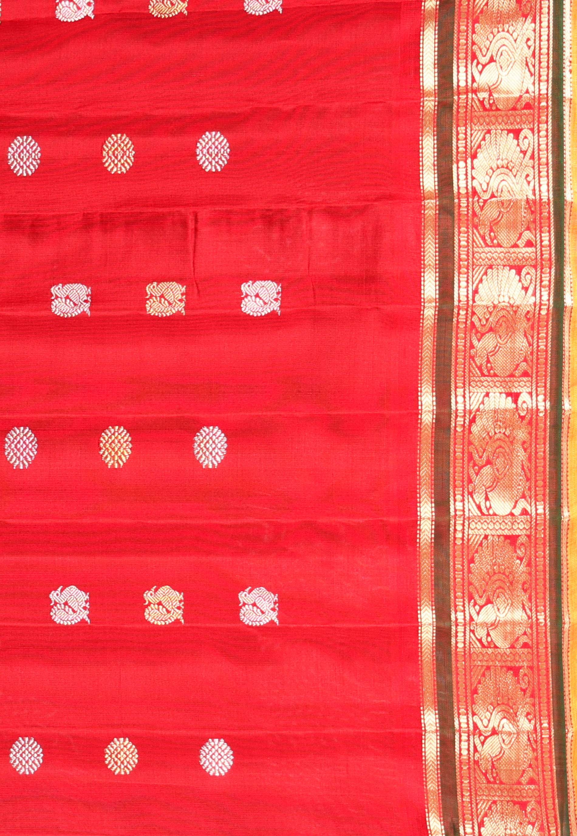 Bottle Green with Red Border Gadwal Pure Silk Saree With Blouse Piece - Adi Akshoy & Co.
