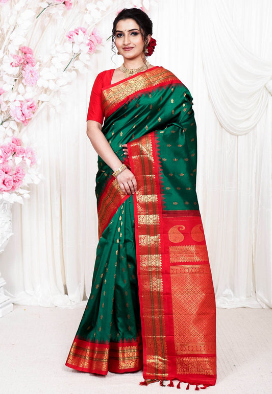 Bottle Green with Red Border Gadwal Pure Silk Saree With Blouse Piece - Adi Akshoy & Co.