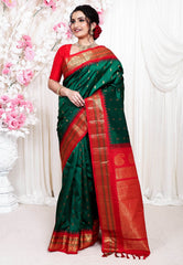 Bottle Green with Red Border Gadwal Pure Silk Saree With Blouse Piece - Adi Akshoy & Co.